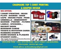 charmaine top t-shirts print, caps,mugs, water bottles, plates, banners, stamps