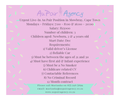 Urgent Live-In Au Pair Position in Mowbray, Cape Town