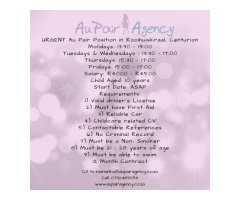 EXTREMELY URGENT Au Pair Position in Rooihuiskraal, Centurion